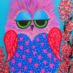 Vibrant Pink and Blue Owl with Heart Pattern Art