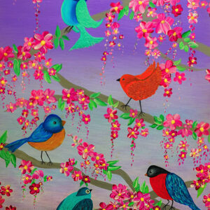Colorful Songbirds in Cherry Blossom Tree Painting