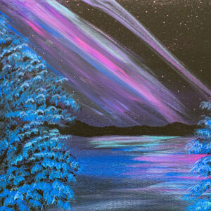 Purple Aurora Reflections Over Forest Lake