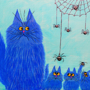 Whimsical Blue Cats and Curious Spiders