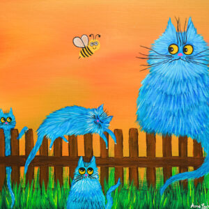 Blue Cats and the Curious Bee at Sunset