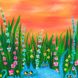 Fluffy Blue Cats in a Sunset Garden