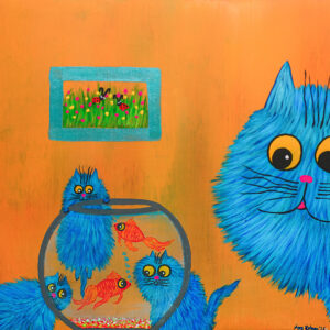 Whimsical Blue Cats with Goldfish Bowl – Playful Animal Art
